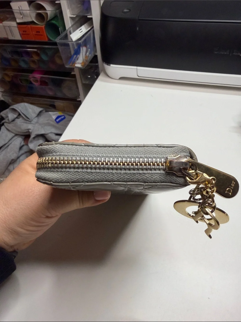Dior Gray Quilted Patent Zip Card Holder with Gold Charms